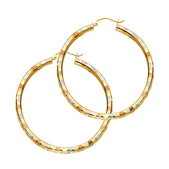 Medium Fancy Diamond-Cut Hoop Earrings - 14K Tricolor Gold 3mm x 1.3 inch