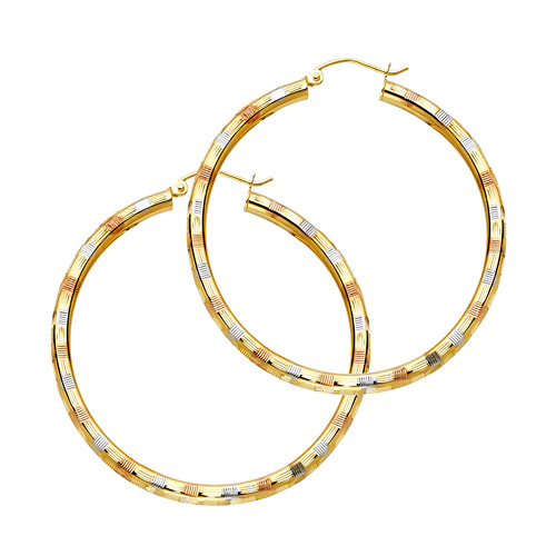 Medium Fancy Diamond-Cut Hoop Earrings - 14K Tricolor Gold 3mm x 1.3 inch Slide 0