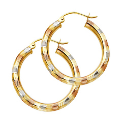 Medium Fancy Diamond-Cut Hoop Earrings - 14K Tricolor Gold 3mm x 0.9 inch