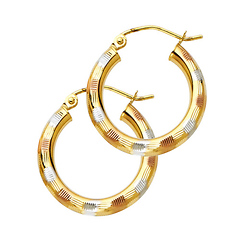 Small Fancy Diamond-Cut Hoop Earrings - 14K TriGold 3mm x 0.7 inch