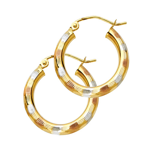 Small Fancy Diamond-Cut Hoop Earrings - 14K TriGold 3mm x 0.7 inch Slide 0
