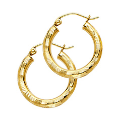 Small Fancy Diamond-Cut Hoop Earrings - 14K Yellow Gold 3mm x 0.7 inch