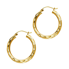 Medium Fancy Diamond-Cut Hoop Earrings - 14K Yellow Gold 3mm x 0.9 inch