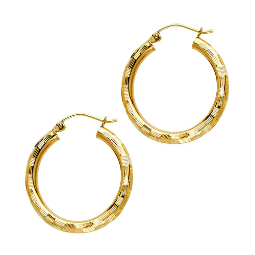 Medium Fancy Diamond-Cut Hoop Earrings - 14K Yellow Gold 3mm x 0.9 inch Slide 0