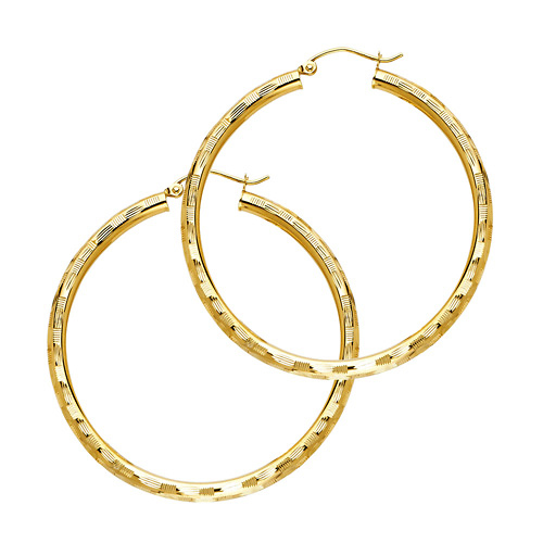 Medium Fancy Diamond-Cut Hoop Earrings - 14K Yellow Gold 3mm x 1.3 inch Slide 0