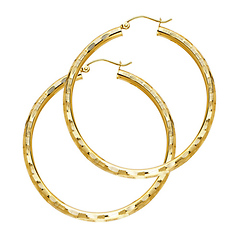 Large Fancy Diamond-Cut Hoop Earrings - 14K Yellow Gold 3mm x 1.7 inch