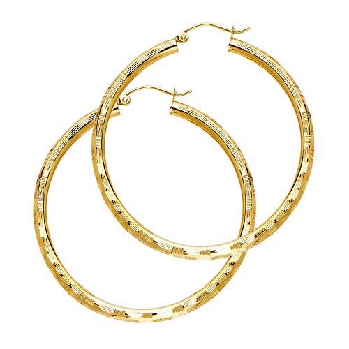 Large Fancy Diamond-Cut Hoop Earrings - 14K Yellow Gold 3mm x 1.7 inch Slide 0