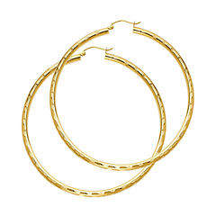 Large Fancy Diamond-Cut Hoop Earrings - 14K Yellow Gold 3mm x 2.1 inch