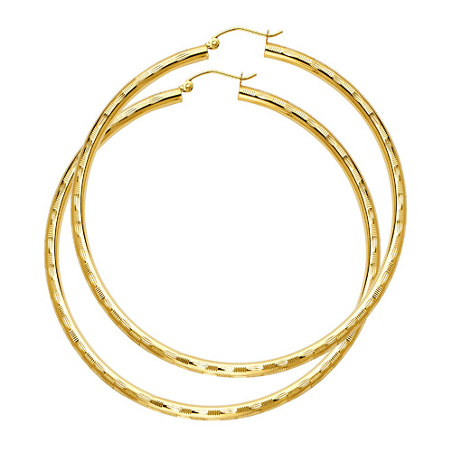 Extra Large Fancy Diamond-Cut Hoop Earrings - 14K Yellow Gold 3mm x 2.5 inch Slide 0