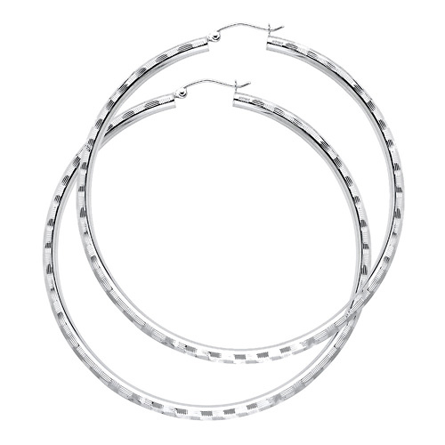 Extra Large Fancy Diamond-Cut Hoop Earrings - 14K White Gold 3mm x 2.5 inch Slide 0