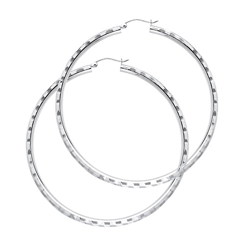 Large Fancy Diamond-Cut Hoop Earrings - 14K White Gold 3mm x 2.1 inch Slide 0