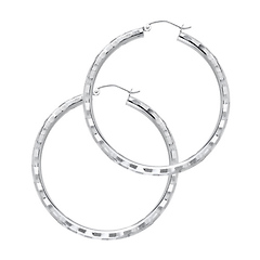 Large Fancy Diamond-Cut Hoop Earrings - 14K White Gold 3mm x 1.7 inch