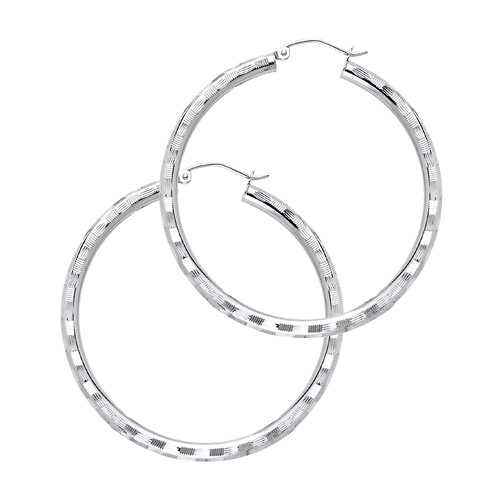 Large Fancy Diamond-Cut Hoop Earrings - 14K White Gold 3mm x 1.7 inch Slide 0