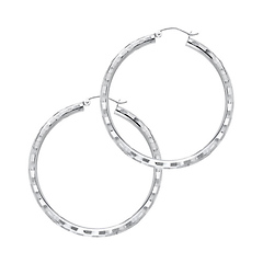 Medium Fancy Diamond-Cut Hoop Earrings - 14K White Gold 3mm x 1.3 inch
