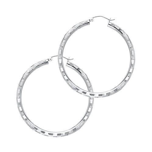 Medium Fancy Diamond-Cut Hoop Earrings - 14K White Gold 3mm x 1.3 inch Slide 0
