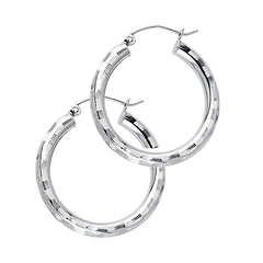 Medium Fancy Diamond-Cut Hoop Earrings - 14K White Gold 3mm x 0.9 inch
