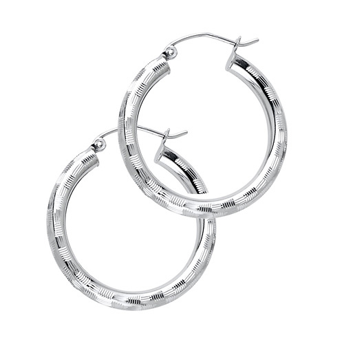 Medium Fancy Diamond-Cut Hoop Earrings - 14K White Gold 3mm x 0.9 inch Slide 0
