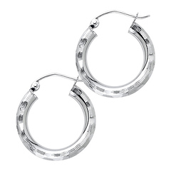 Small Fancy Diamond-Cut Hoop Earrings - 14K White Gold 3mm x 0.7 inch