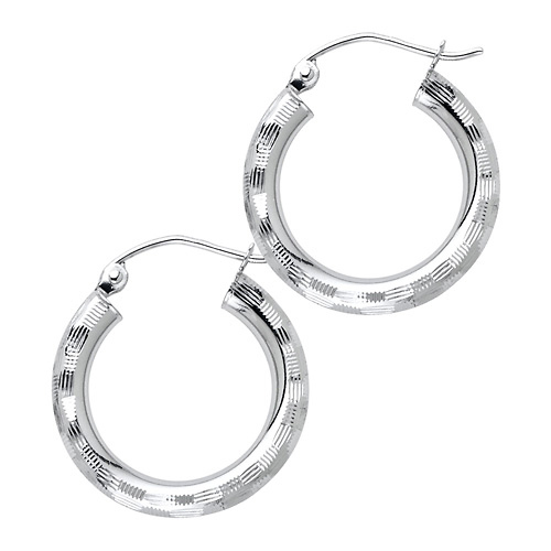 Small Fancy Diamond-Cut Hoop Earrings - 14K White Gold 3mm x 0.7 inch Slide 0