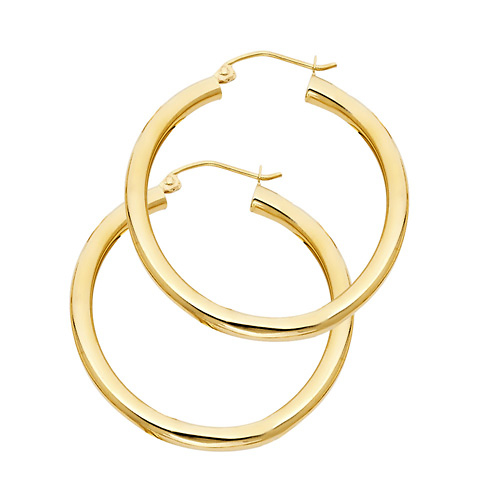 Medium High Polished Thick Hoop Earrings - 14K Yellow Gold 3mm x 1.1 inch Slide 0