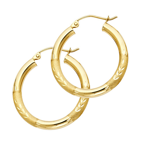 Medium High Polished & Satin Hoop Earrings - 14K Yellow Gold 3mm x 0.9 inch Slide 0