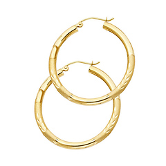 Medium High Polished & Satin Hoop Earrings - 14K Yellow Gold 3mm x 1.1 inch