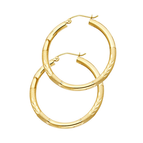 Medium High Polished & Satin Hoop Earrings - 14K Yellow Gold 3mm x 1.1 inch Slide 0