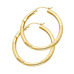 Medium High Polished & Satin Hoop Earrings - 14K Yellow Gold 3mm x 1.3 inch
