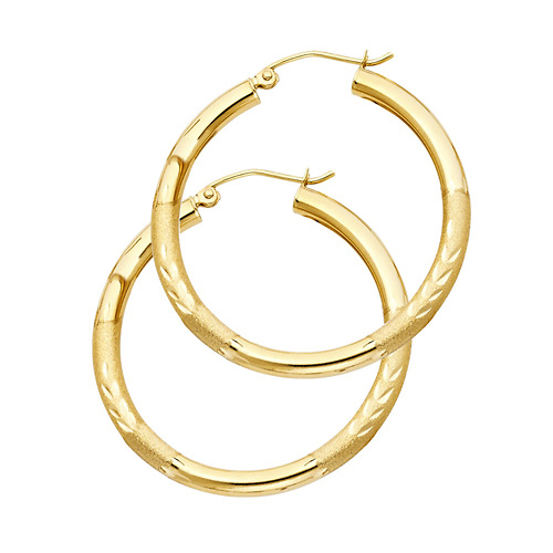 Medium High Polished & Satin Hoop Earrings - 14K Yellow Gold 3mm x 1.3 inch Slide 0