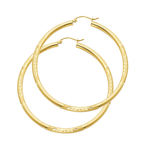 Large High Polished & Satin Hoop Earrings - 14K Yellow Gold 3mm x 1.8 inch Slide 0