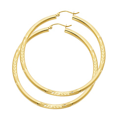 Large High Polished & Satin Hoop Earrings - 14K Yellow Gold 3mm x 2.1 inch