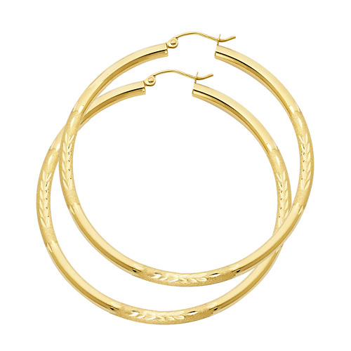 Large High Polished & Satin Hoop Earrings - 14K Yellow Gold 3mm x 2.1 inch Slide 0