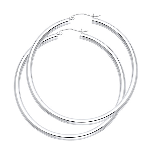 Large High Polished Thick Hoop Earrings - 14K White Gold 3mm x 2.1 inch Slide 0