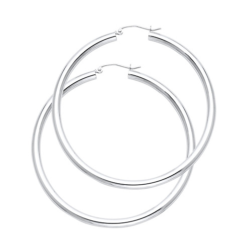 Large High Polished Thick Hoop Earrings - 14K White Gold 3mm x 1.7 inch Slide 0
