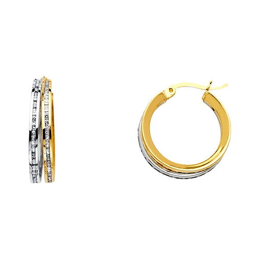 Petite Double Stack CZ Hoop Earrings - 14K Two-Tone Gold 5mm x 0.5 inch Slide 0