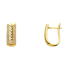 Three Row Latch Back CZ Huggie Hoop Earrings - 14K Yellow Gold