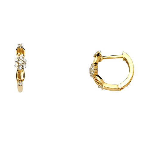 Flower & Open Design CZ Huggie Hoop Earrings - 14K Yellow Gold Slide 0