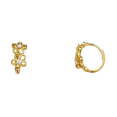 Open Design Flower CZ Huggie Hoop Earrings - 14K Yellow Gold Slide 0