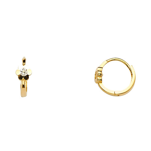 High Polished Flower CZ Huggie Hoop Earrings - 14K Yellow Gold Slide 0