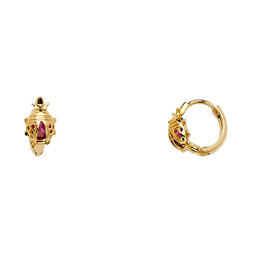 High Polished Ladybug CZ Huggie Hoop Earrings - 14K Yellow Gold Slide 0