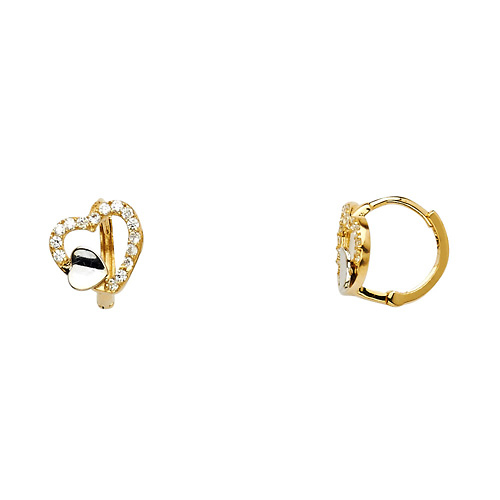 Open Heart Design CZ Huggie Hoop Earrings - 14K Yellow Gold Slide 0