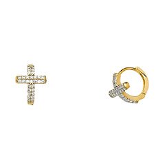Fancy Cross Cubic Zirconia Huggie Hoop Earrings - 14K Two-Tone Gold