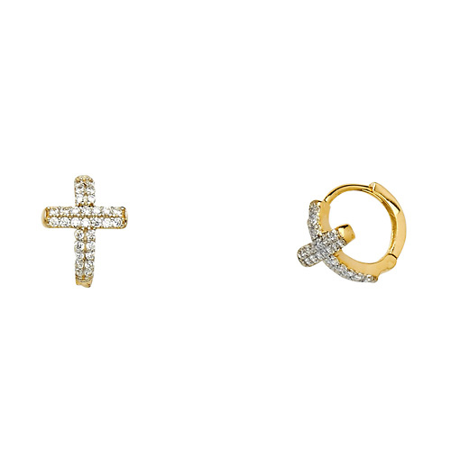 Fancy Cross Cubic Zirconia Huggie Hoop Earrings - 14K Two-Tone Gold Slide 0