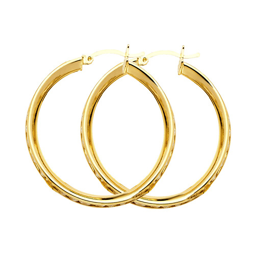 Medium Flat Cubic Zirconia Hoop Earrings - 14K Yellow Gold 3mm x 0.9 inch Slide 0