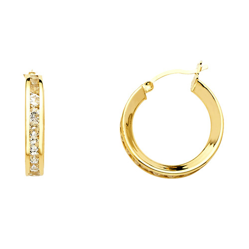 Small Flat Cubic Zirconia Hoop Earrings - 14K Yellow Gold 3mm x 0.7 inch Slide 0