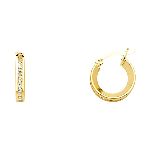 Petite Flat Cubic Zirconia Hoop Earrings - 14K Yellow Gold 3mm x 0.5 inch Slide 0