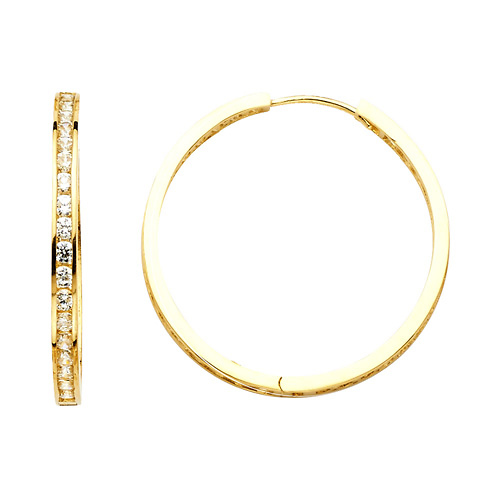 Medium Round Pave-Set CZ Hoop Earrings - 14K Yellow Gold 3mm x 0.9 inch Slide 0