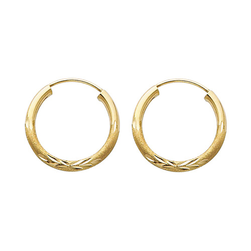 Diamond-Cut Satin Endless  Small Hoop Earrings - 14K Yellow Gold 2mm x 0.7 inch Slide 0