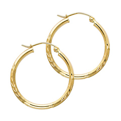 14K Yellow Gold Small Hoop Earrings with Satin Diamond-Cut - 2mm x 0.9 inch