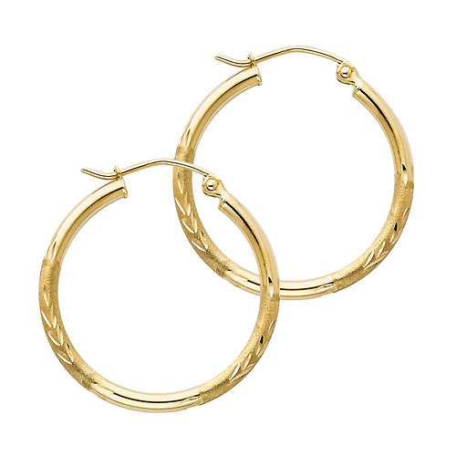 14K Yellow Gold Small Hoop Earrings with Satin Diamond-Cut - 2mm x 0.9 inch Slide 0